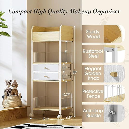 Makeup Organizer Storage Rolling Cart, Floor Bathroom Organizers with Drawers Wheels, Versatile Skincare Perfume Hair Nail Accessories Vanity Craft Organizer, for Dorm Kitchen Home White Metal Wood