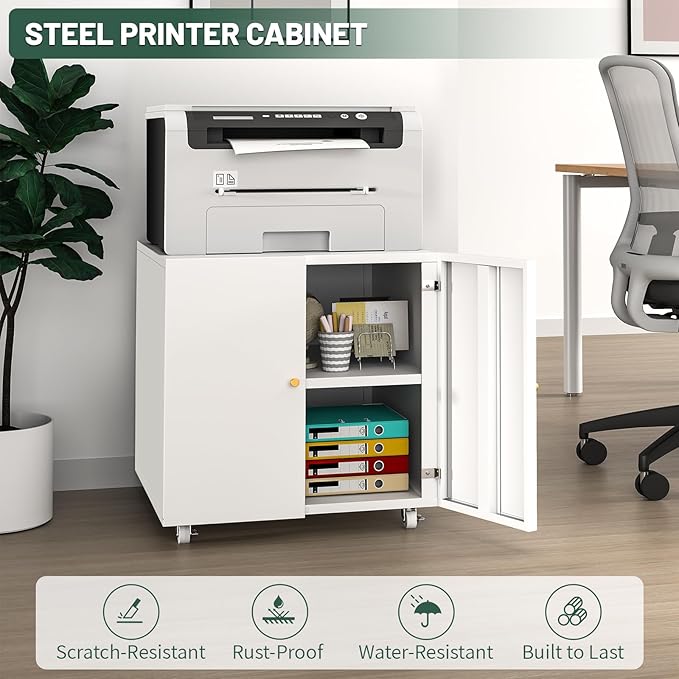 Printer Stand with Storage Cabinet with Wheels,3D Heavy Duty Metal Large Printer Table with Adjustable Shelf for Home Office, Mobile Printer Cart,White,23.6" H