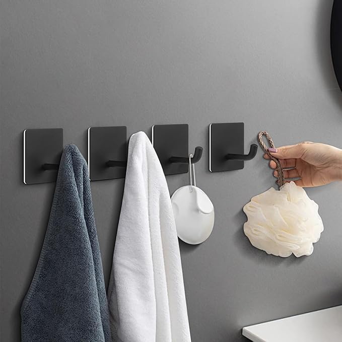 Livabber Adhesive Towel Hooks, 304 Stainless Steel Self Sticky Wall Hooks Waterproof Shower Hooks for Robe/Clothes, No Drilling Towel Hangers for Bathroom Kitchen Bedroom (Black, 6 Packs)