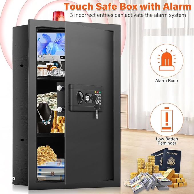 25.6" Tall Fireproof Wall Safes Between the Studs 16" Centers, Hidden Wall Safe with 2 Removable Shelf & Hidden Tray, Heavy Duty Wall Mount Safe for Money, Jewelry, Passport, Valuables