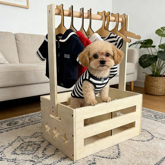 Wooden Pet Storage Organizer with Clothes Rack, Dog Toy Storage Bin, Cat Wardrobe Closet with Handle, Multi-Compartment Pet Accessories, 8 Small pet Clothes Hangers