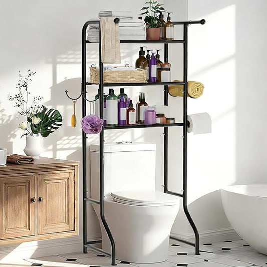 3-Tier Over The Toilet Storage Shelf,Bathroom Organizers and Storage Over Toilet,Metal Bathroom Space Saver with 2 Bars,1 Paper Holder and 4 Hooks,Black