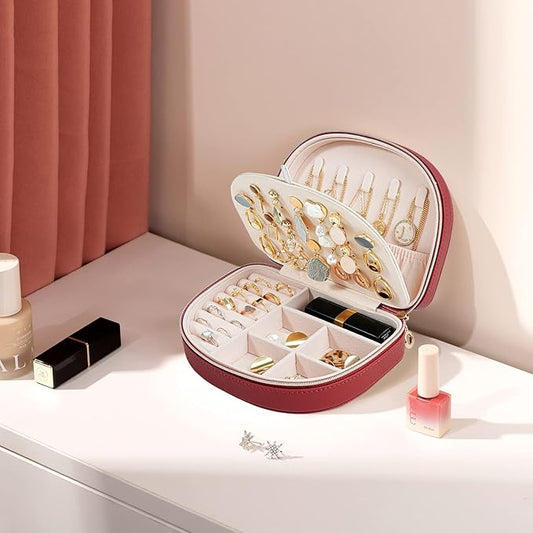 ProCase Travel Size Jewelry Box, Medium Portable Seashell-Shaped Jewelry Case, 2 Layer Jewelry Organizer in PU Leather for Women -Red