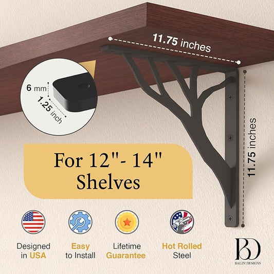 Rustic Tree Black Heavy Duty Shelf Brackets 12 inch by Balin Designs, Decorative L Brackets, Iron Metal Floating Shelf Bracket, Wall Mount Shelving Bracket, Included Hardware, Set of 2