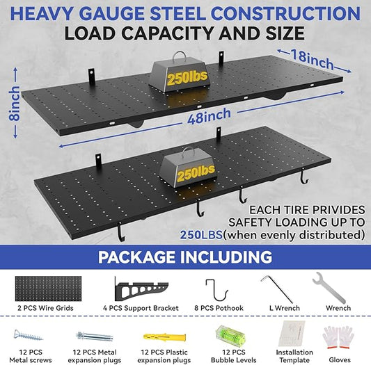 2-Pack 1.5 * 4ft Heavy Duty Garage Wall Shelving, 500 lbs Load Capacity, Garage Shelving Wall Mounted,Heavy Duty Garage Storage Shelves with Hooks