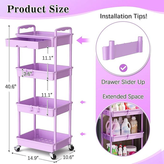 4 Tier Rolling Cart Organizer with Drawer, Bathroom Storage Carts with Wheels & Plastic Shelf, Mobile Storage Organizers for Kitchen, Office, Laundry Room, Baby, Snack, Craft, Makeup, Purple