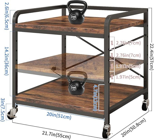 Under Desk Printer Stand with Power Outlet Large Printer Table with Adjustable Shelf,Industrial Wheels, 20 Inches Deep 2 Tier Rolling Printer Cart for Home Office, Rustic Brown
