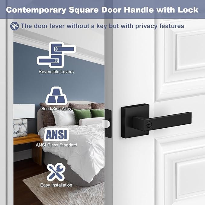 Estmoon Privacy Door Lock, 10 Pack Matte Black Keyless Door Handles Interior Heavy Duty Bed and Bath Door Lever Set, Reversible for Left/Right Handed Doors