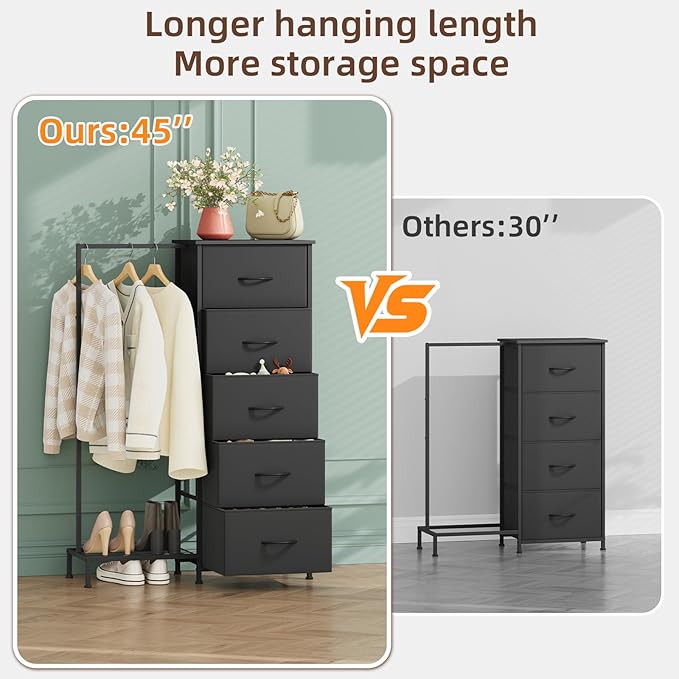 Somdot Dresser with Hanging Rack, 5 Drawers Small Closet for Bedroom, Reversible Dresser with Clothes Rack, Kids Dressers for Bedroom Chest of Drawers, Tall Storage Tower, Black
