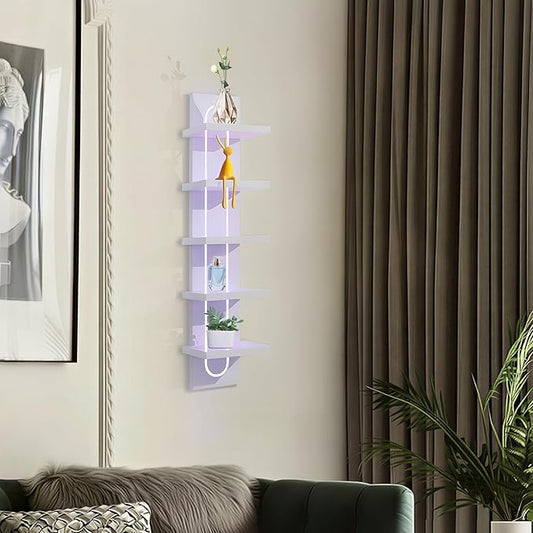 5 Tier Wall Shelf Unit with Light-Small Floating Shelves for Home Decor, Modern Unique Asymmetric Design for Bedroom & Living Room Storage