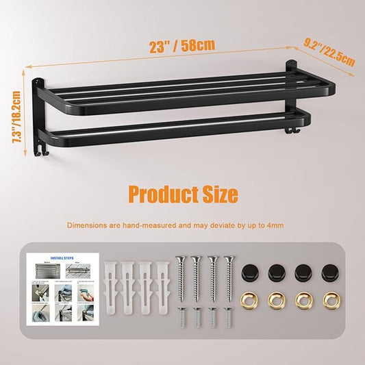 DDS-DUDES 23 Inch Bathroom Towel Rack Towel Shelf with Double Towel Bars Lavatory Wall Mount Holder with Hooks Stainless Steel Hotel Bath Rack (Matte Black)