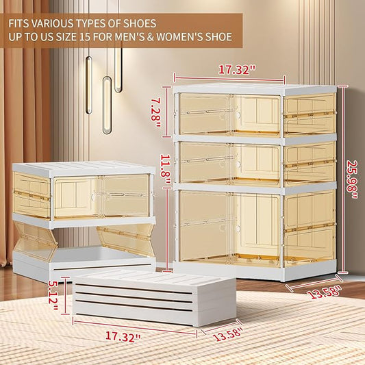 3-Tier Foldable Shoe Rack for Closet Entryway 3-6Pairs,Stackable Clear Shoe Storage Boxes Organizer with Door Plastic Small Shoe Cabinet Bins with Lids Narrow Shoe Shelf Easy Assembly