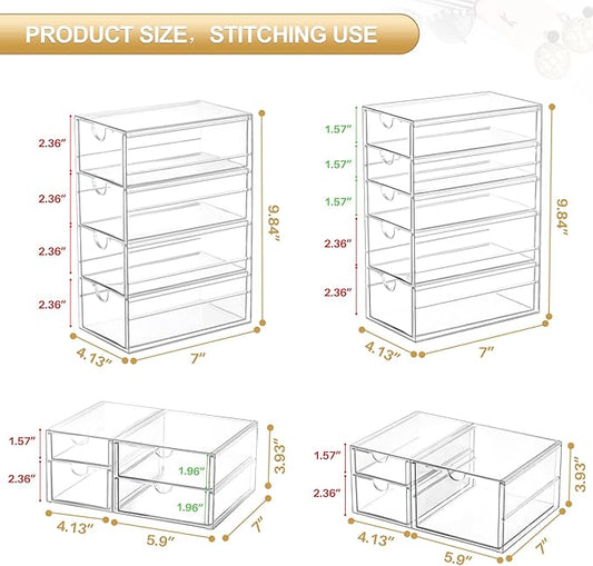 Makeup Organizer Storage with 16 Drawers, 4 Pcs Desktop Office Supplies, Desk Organizers, Clear Accessories, Dustproof Storage Drawer and for Make Up, Jewelry, Pen, Stationary