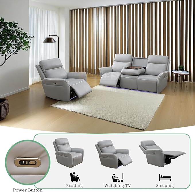 Reclining Power Sectional Sofa Couch Set, 2PCS Breathing Leather Recliner Sofa Chair Living Room Furniture Sets Reclining Sofa Set with Cup Holders/Storage Console/Drop-Down Table for Office