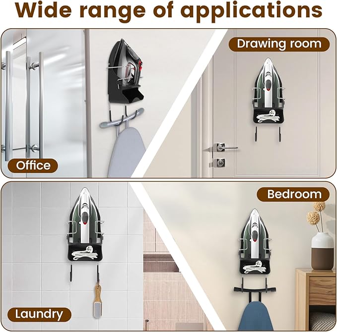 Iron Board Hanger Wall Mounted, Iron and Ironing Board Storage Organizer, Iron Hanger with Ironing Board Rack, Iron Board Holder, Electric Iron Holder for Home Bathroom (Black)