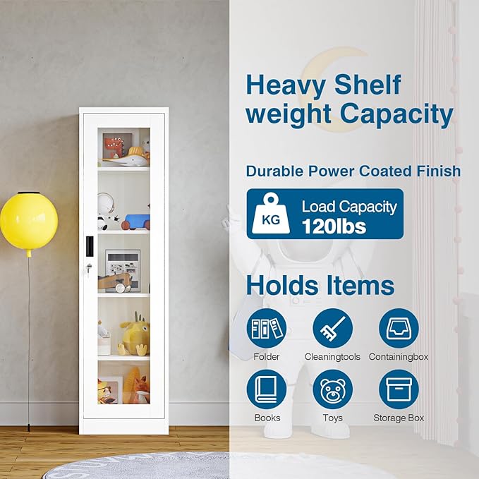 Display Storage Cabinet with Glass Doors, 65 Inches Metal Curio Cabinets with 4 Adjustable Shelves, HD Tempered Glass Cabinet Display Case for Home, Office, Pantry, Assemble Required (White)