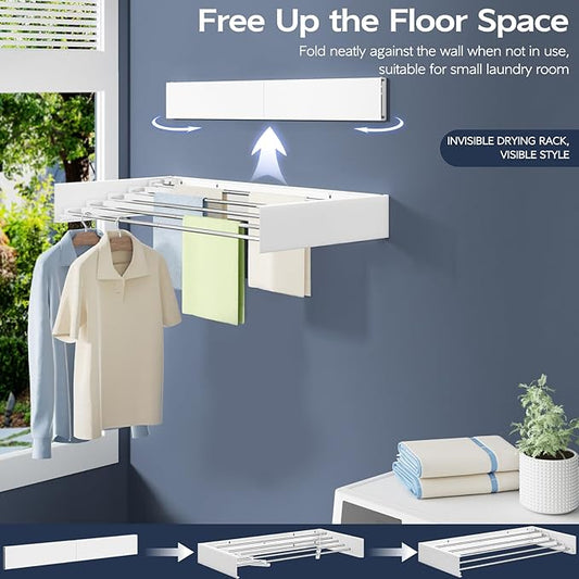 Wall Mounted Foldable Clothes Drying Rack, 31.5-Inch Wide, 5 Stainless Steel Rods, Space-Saving Laundry Drying Rack with Wall Template, White