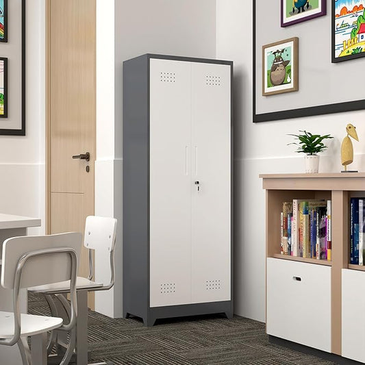 GREATMEET 65" H Broom Closet, Broom Closet Cabinet with Pegboard and Hanging Rod, Cleaning Tool Storage Cabinet, Tall Metal Utility Closets with Locking Doors for Bathroom, Garage