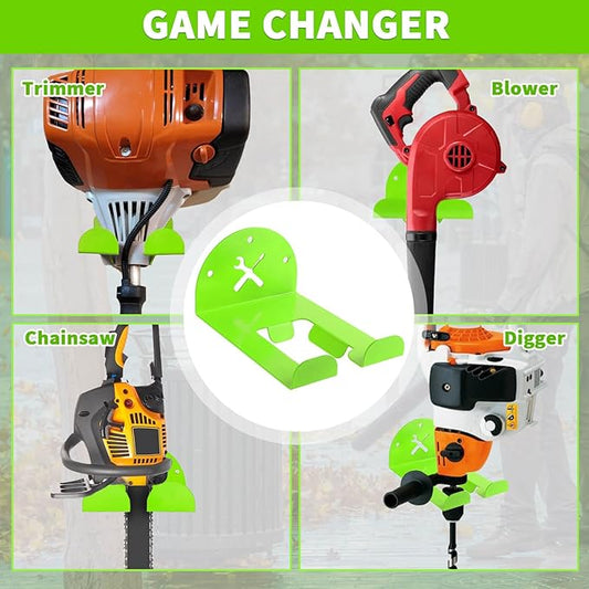 Upgraded Trimmer Rack Wall Mount - 8" Heavy Duty Weed Eater Hanger for Garage Wall, Garden Power Tool Holder Organizer Hooks for Grass Trimmer, Hedge Trimmer, Leaf Blower and Chainsaw, Green, 1 Pack