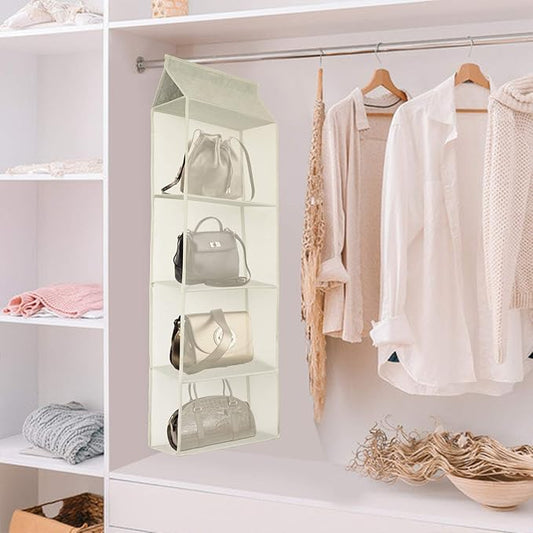 Closet Handbag Purse Holder, Space Saving Hanging Handbag Tote Bag Storage Organizer Holder with 4 Large Heavy-Duty Mesh Shelves for Wardrobe Closet(Beige)