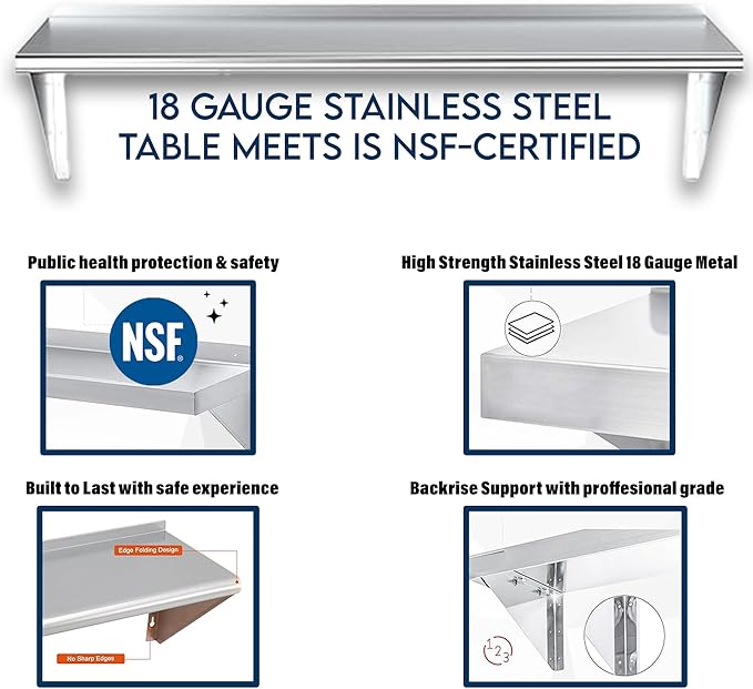 NSF Certified 18 Gauge Heavy Duty Stainless Steel Wall Shelf with Brackets for Kitchens, Utility Rooms, Storage, Offices & Home (60"x10")