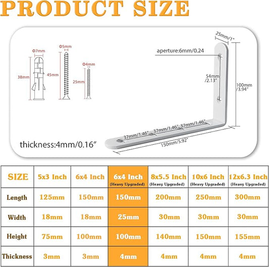 Alise 4mm-Thicker Heavy Duty Stainless Steel Bracket Floating Shelf Brackets Corner Brace Support 6x4 Inch,4 Pcs White Finish