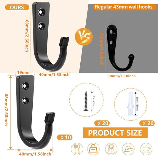 WODEGIFT 10Pcs Heavy Duty Wall Hooks for Hanging, Large Size Wall Hooks,Coat Hooks, for Backpacks, Coats, Cast Iron Pans and Other Heavy Items (Black Hooks)