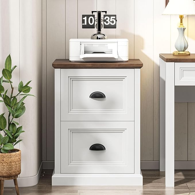 Vertical File Cabinet, Filing Cabinet with 2 File Drawers, Farmhouse Small File Cabinet Fits Letter/A4 Size, Wooden Printer Stand, Under Desk Cabinets for Home Office, White