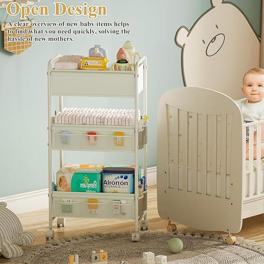 3-Tier Baby Diaper Caddy Cart Organizer,Mobile Nursery Storage Carts with Wheels,With 2 Dividers&14 Mesh Pockets Durable Metal Utility Cart for Nursery, Bedroom, Bathroom, Baby Essentials Organization