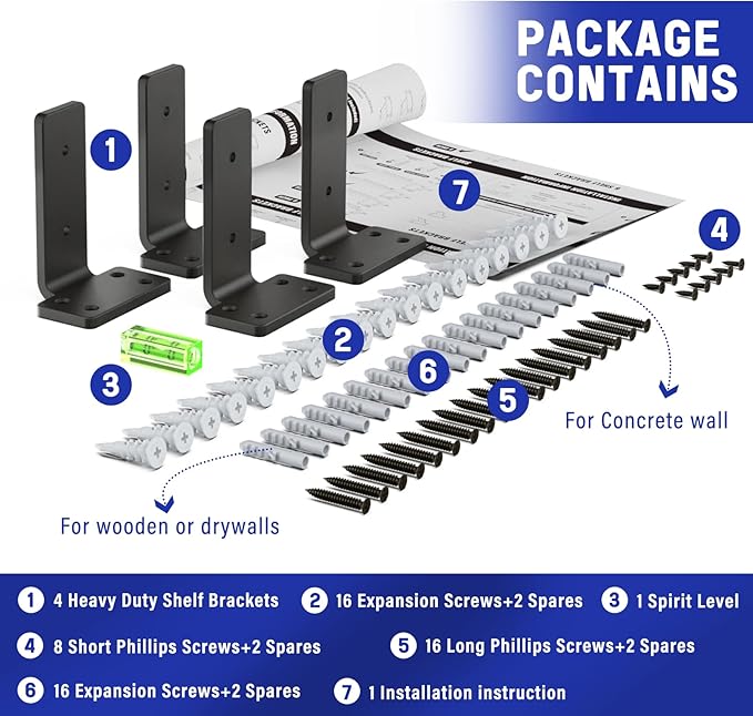 Goovilla Shelf Bracket, Heavy Duty Floating Shelf Brackets 4 inch Long, 4 Pack Brackets for Shelves, Black Coated Metal Wall Shelf Support Brackets with 1/5 Inch Thick and 160 lb. Load Capacity