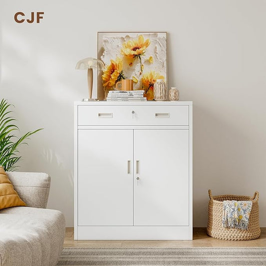 CJF Metal Storage Cabinet, Locking Storage Cabinet with 1 Drawer and Adjustable Shelf, 36" H x 28" W x 16" D White Metal Cabinets for Office, Home, Garage