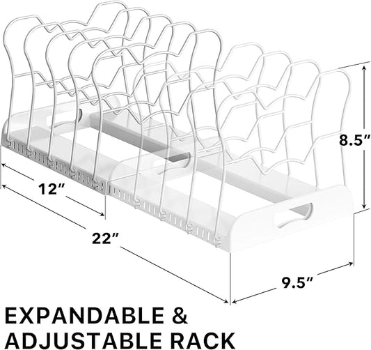 Simple Houseware Expandable Pan Organizer Rack, 10 Adjustable Compartments, White - Kitchen Cabinet Organizer for Pots, Pans, Lids & Bakeware - Pantry & Countertop Storage