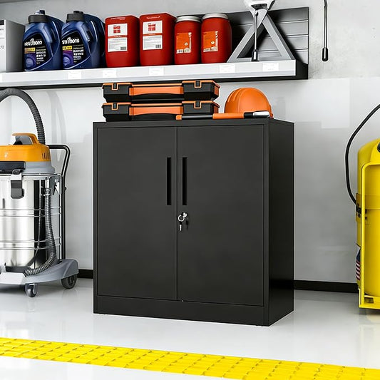 Garage Metal Storage Cabinet with Lock, H35.5 Short Storage Cabinet with Adjustable Shelves and Doors, Metal Tool Cabinet Lockable for Garage, Utility Room