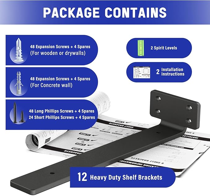 Goovilla Shelf Bracket, Heavy Duty Floating Shelf Brackets 12 inch Long, 12 Pack Brackets for Shelves, Black Coated Metal Wall Shelf Support Brackets with 1/5 Inch Thick and 160 lb. Load Capacity