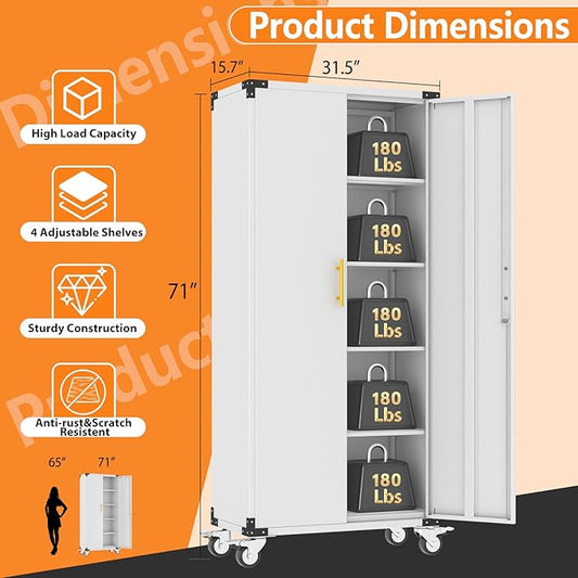 71" Storage Cabinet with 4 Adjustable Shelves, Locking Metal Tool Storage Cabinet with Wheels for Garage, Warehouse,Assembly Required, Grey