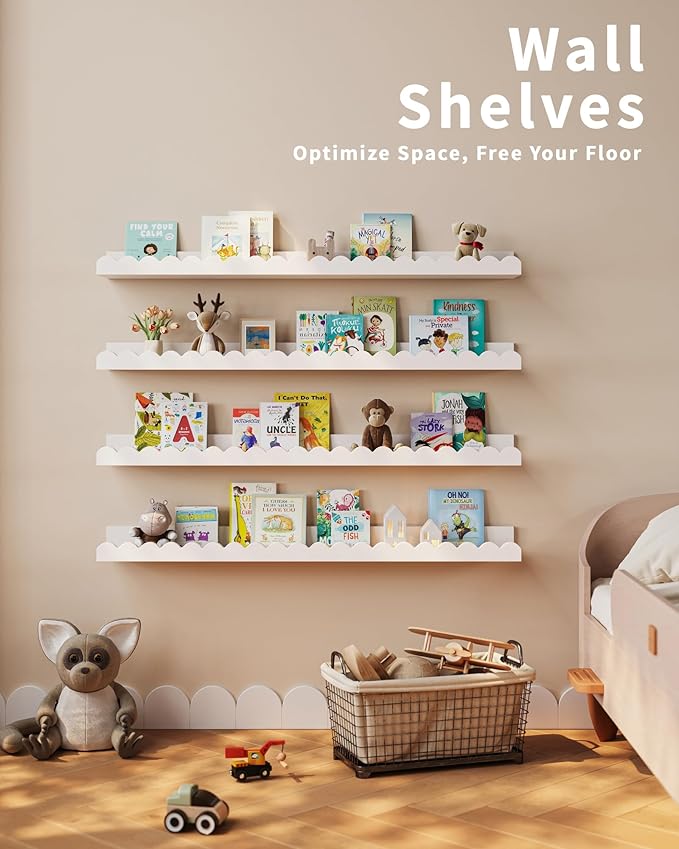 Shario Nursery Book Shelves, 4-Pack Wood Floating Shelves for Wall Kids, Scalloped Shelves, Wall Book Shelves for Bedroom Kids, Toddler Room, Baby Room, Nursery Decor (White, 31.5 Inches)