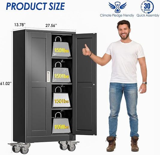 Metal Garage Storage Cabinet with Lock, 61” Tall Lockable File Cabinet with Wheels, Steel Tool Cabinet with 2 Door and 3 Adjustable Shelves, Rolling Cabinet for Home Office Garage Gym - Black
