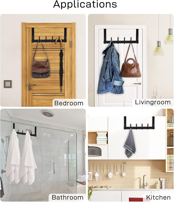 Over The Door Hooks, Door Hanger Hooks for Hanging, Over The Doors Towel Racks for Bathroom with 12 Coat Hook, Coat Rack Dorm Essentials Bathroom Accessories(1 Pack, Black)