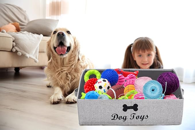 Geyecete dog toy basket Large dog toy bin dog toy box storage box - Foldable Fabric Trapezoid Organizer Boxes with Handle, Collapsible Basket for Dog Toys (Striped Gray-DOG)