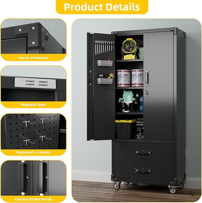 Garage Storage Cabinet with 2 Drawers and Pegboard, Metal Storage Cabinet with 2 Lockable Doors for Garage Home Office,Required Assembly,Black,71.2" H*15.2" D*30" W
