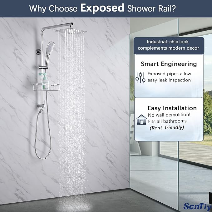 Rain Shower System with Shelf, 12 Inch Rain Shower Head Set with Hand Shower Head, SonTiy Dual Shower Combo with Height Adjustable Holder, Brass Valve, Chrome
