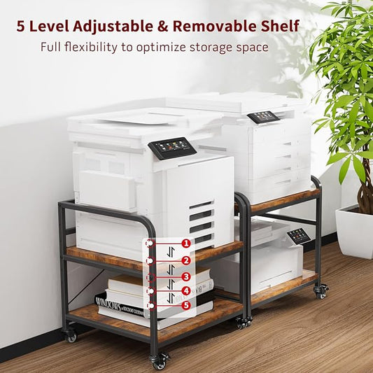 TFK 2 Tier Large Printer Stand with Storage, 20 x 20 Inch Under Desk Printer Table with Adjustable Shelf, Rolling Printers Cart for Home Office, Fits Fax /3D Printer/Scanner, Brown