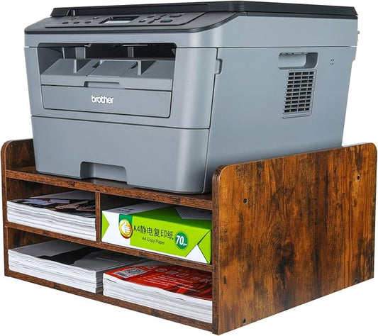 PAG 3 Tier Desktop Printer Stand with Storage, Paper Storage Holder Rack for Desk, Wooden Printer Organization for Home/Office, Antique Brown