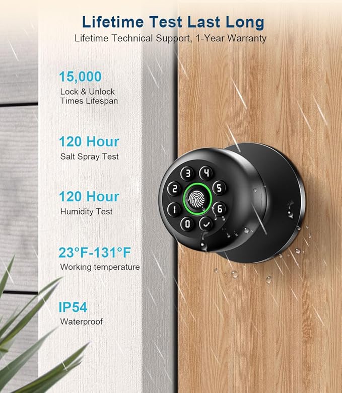 Fingerprint Door Lock, Smart Fingerprint Door Knob with Keypad, Biometric Door Lock with App Control, Auto Lock Door Lock with Code, Keyless Door Knob with Lock for Bedroom, Home,Office-Matte Black