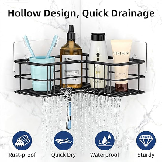 Menbyci Black Shower Caddy Corner Bathroom Shower Shelf, Rust Proof Bathroom Organizer Accessories, Adhesive Shower Basket Storage Rack Shampoo Holder Wall Organization, 2 Pack