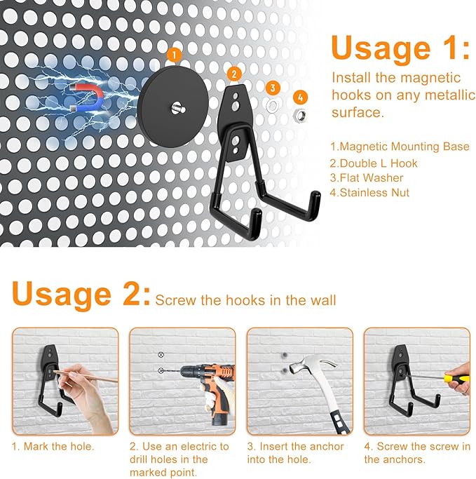 ENUODA Strong Magnetic Hooks Heavy Duty Neodymium Magnetic Tool Holder Magnet Garage Hooks for Hanging Broom, Mop, Power Tool, Toolbox, Shovel, Toolchest, Container, Van, Cabinet, Pegboard, 4 Pack