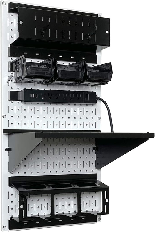 Wall Control Power Tool Storage Organizer Kit Cordless Drill Holder Charging Station Rack 16” x 32” Metal Pegboard Organization System (White Pegboard)