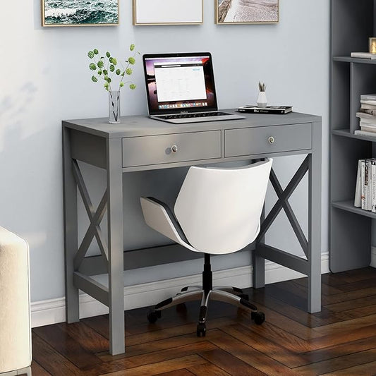 ChooChoo Computer Desk Study for Home Office, Modern Simple 40 Inches Desk with Drawers, Makeup Vanity Console Table, Grey