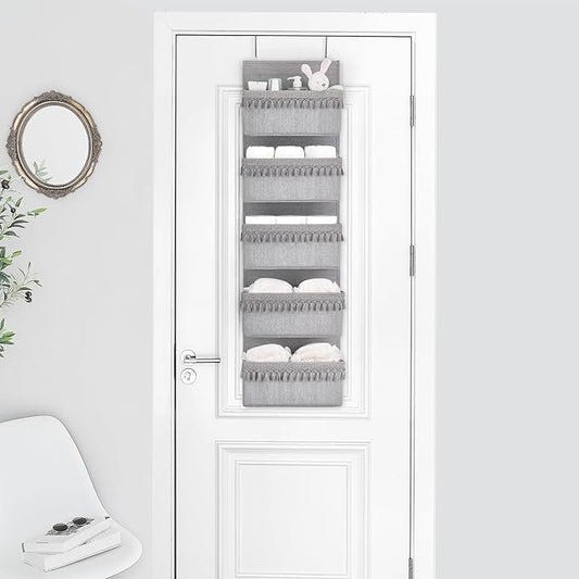 Dahey Over The Door Organizer Boho Nursery Storage Decor Closet Hanging Organizer with Tassels Decoration for Bedroom Nursery Bathroom Apartments Dorm Pantry, 5 Pockets, Grey