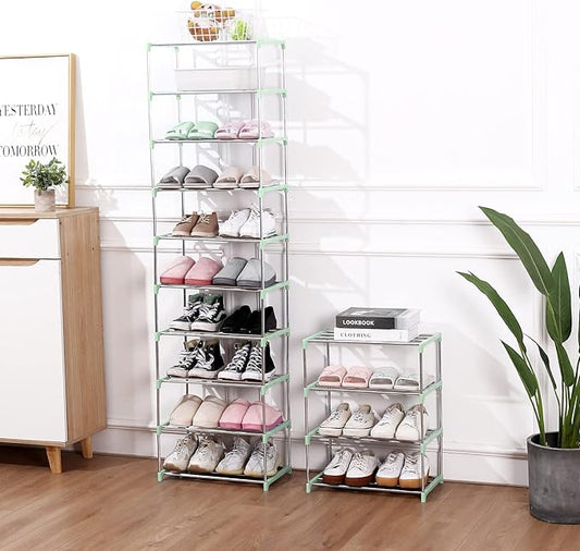 Stackable Small Shoe Rack, Entryway, Hallway and Closet Space Saving Storage and Organization (3-Tier, Green)